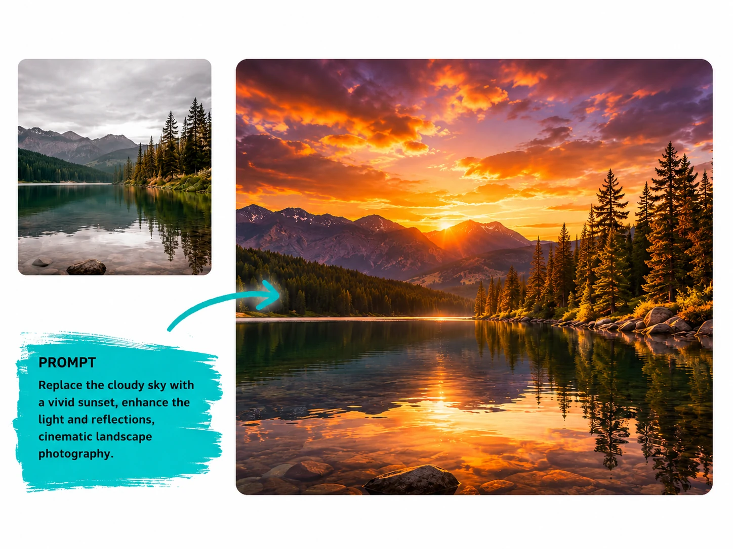 AI photo editor example replacing a cloudy sky with a cinematic sunset landscape